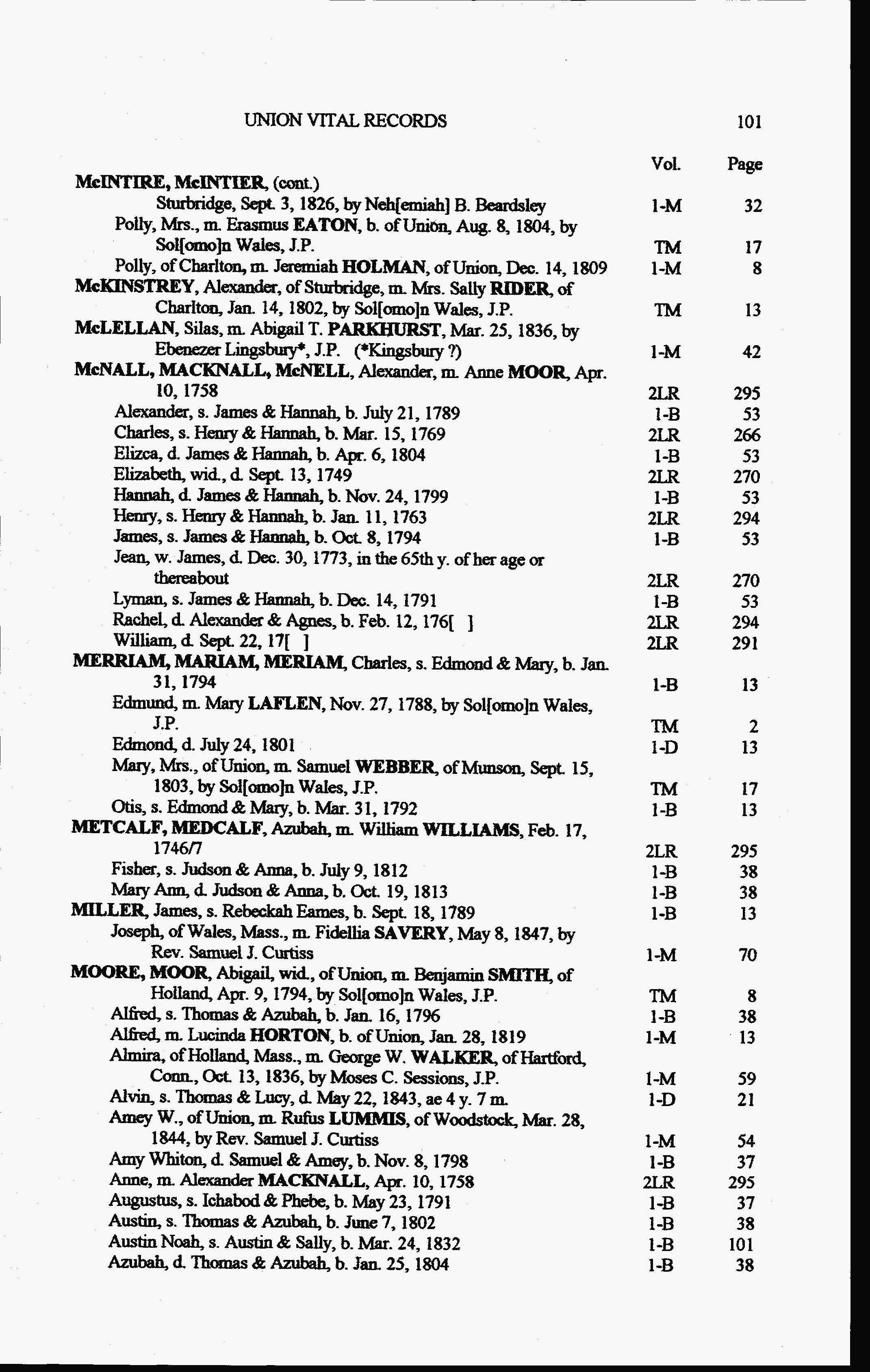 Connecticut, Town Marriage Records, pre-1870 (Barbour Collection) for Alexander Mcnall Union Vital